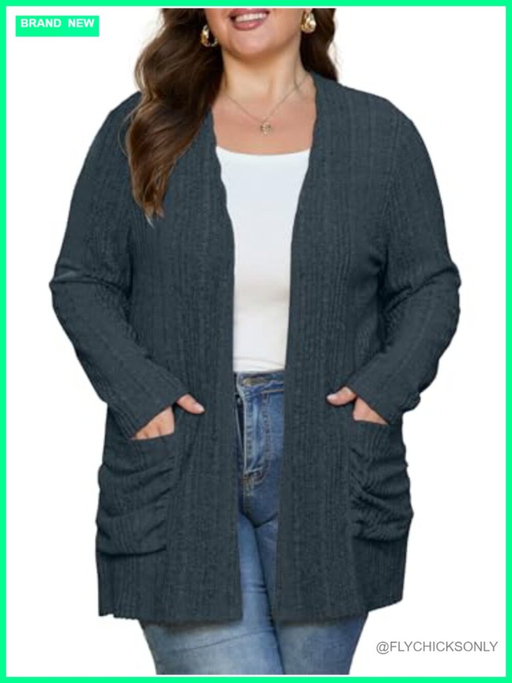 Women's Plus Size Ribbed Open Front Cardigan Long Sleeve Sweater